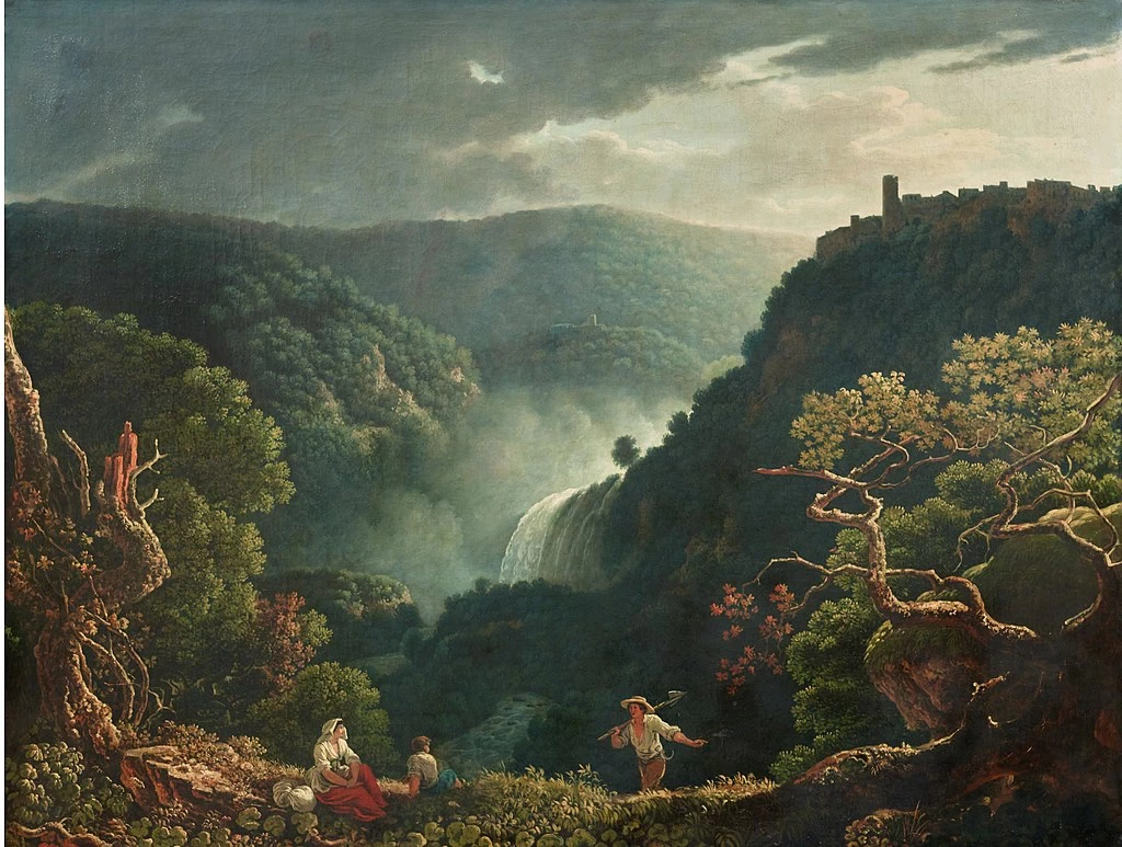 Paesaggio con le Cascate di Tivoli e figure in primo piano